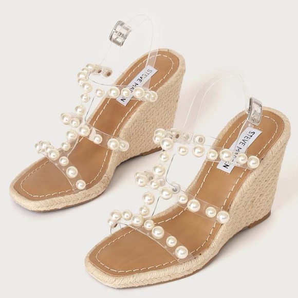 NWOT Steve Madden Upright Vinyl Pearl Studded Strappy Espadrille Wedges Size 7.5 - Picture 3 of 9